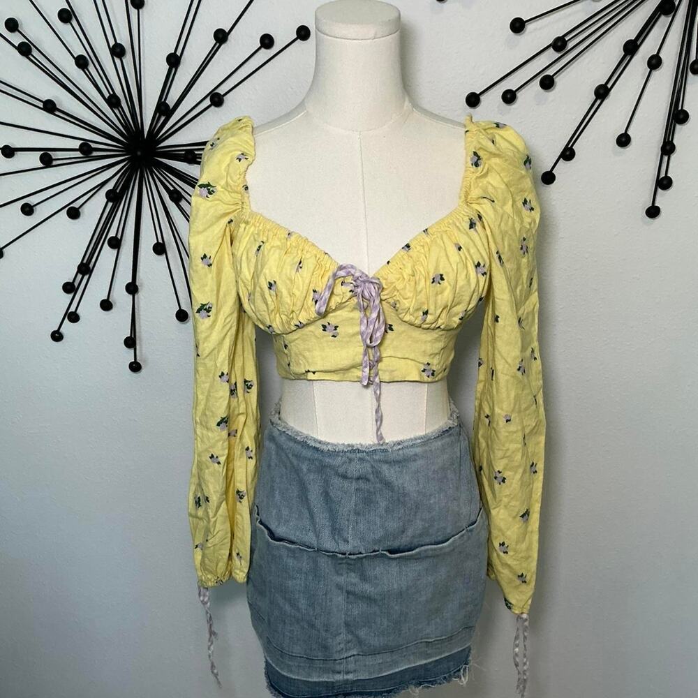 white Fox yellow floral tie front long sleeve crop top cottagecore coquette